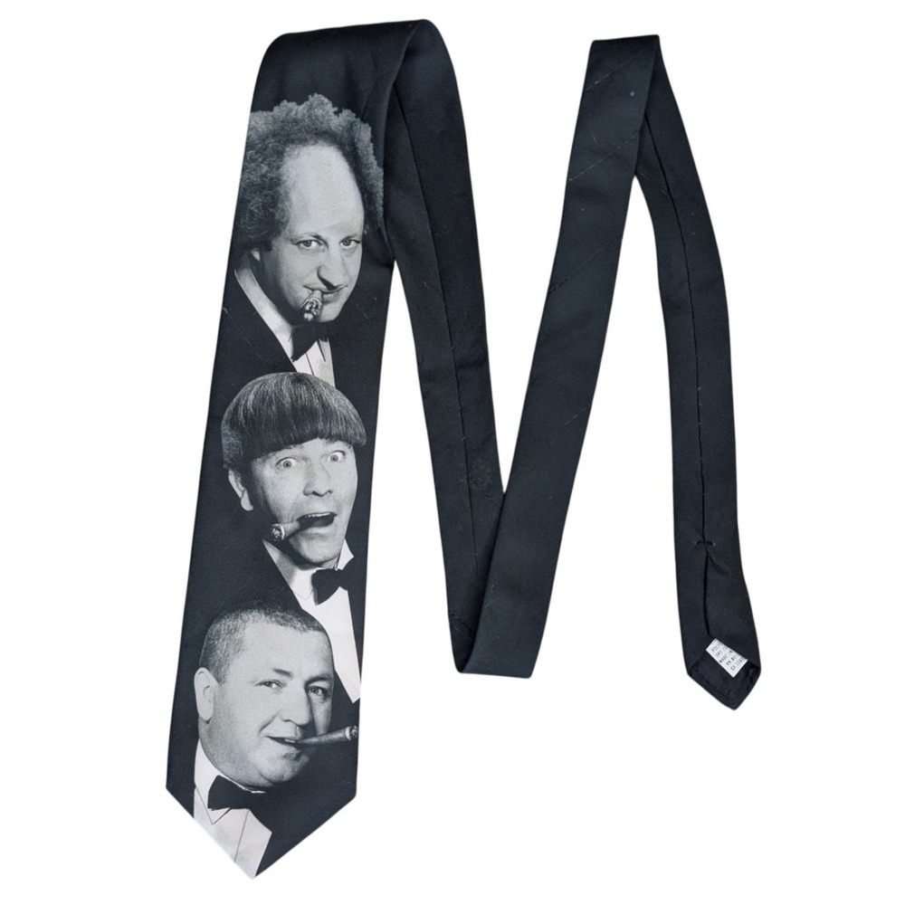 90s Vintage The Three Stooges Ralph Merlin‎ Black Grey Retro Comedy Neck Tie